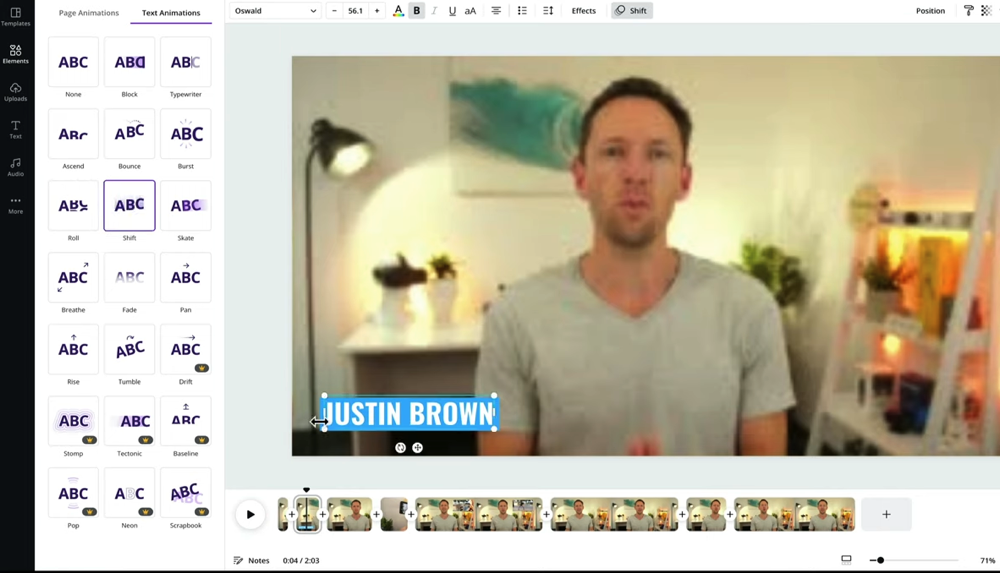 You can animate most elements in Canva by selecting the element and pressing Animate 