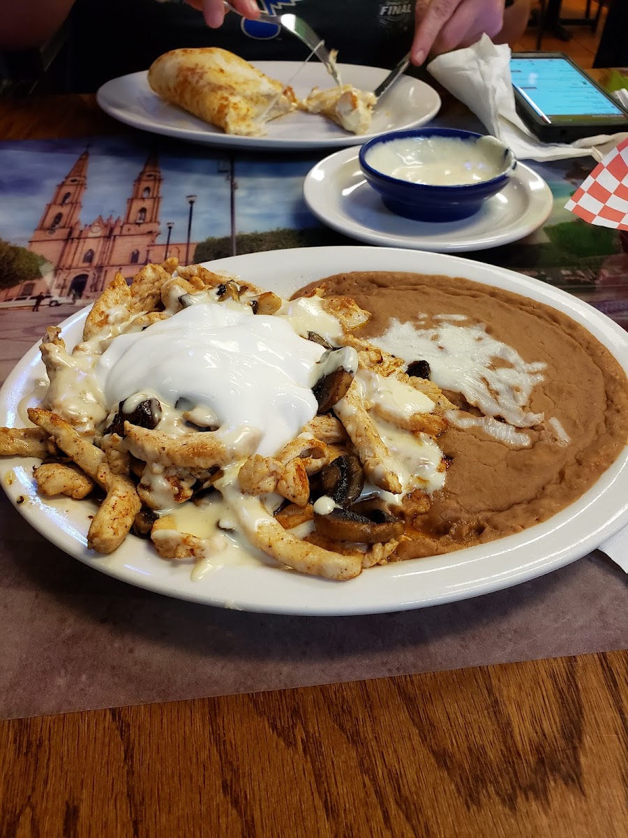 Pollo Bandito with queso, mushrooms, sour cream and beans.