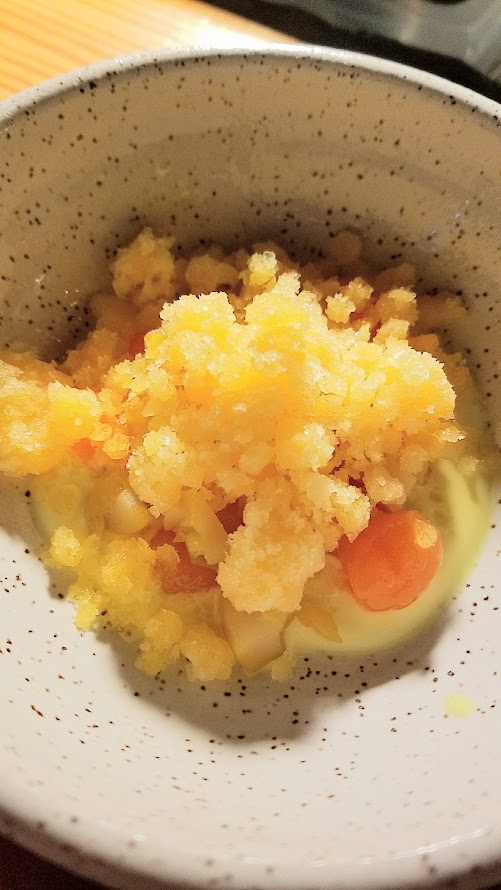 Journey of a Dinner at LangBaan with their May 2017 Tour of Thailand menu: Dessert of Tub tim grob, a dish of Carrot boba, water chestnuts, turmeric coconut, orange ice