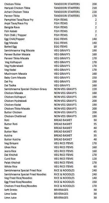 Sambhraama menu 