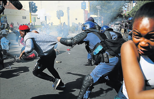 Wits University students clash with the police during the 'Fees Must Fall' demonstrations at the university.