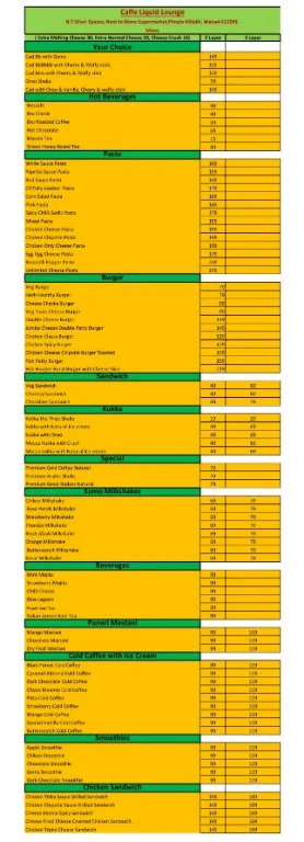 Cafe Liquid Lounge menu 