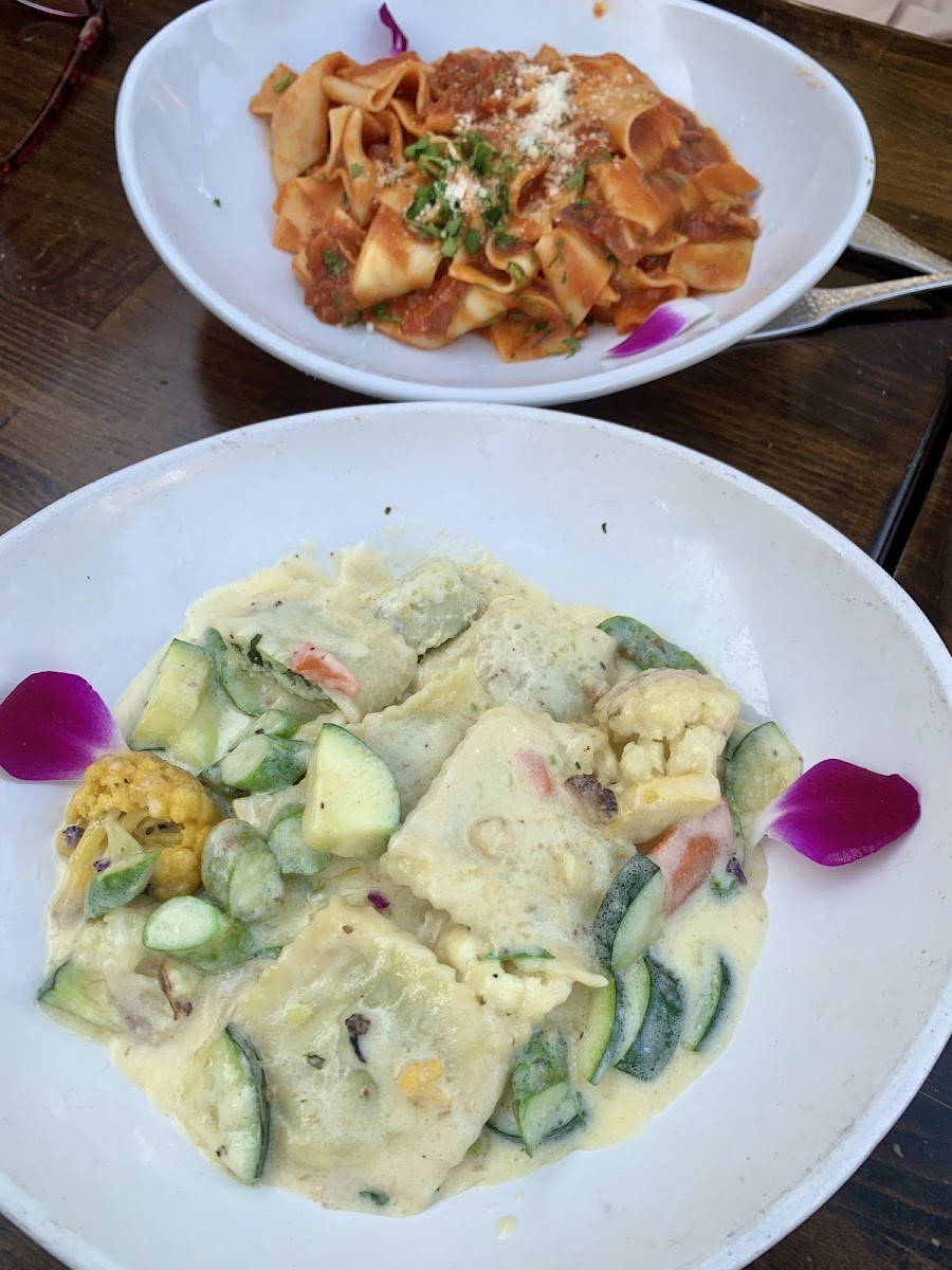 GF Ravioli with cream sauce and GF Pappardelle