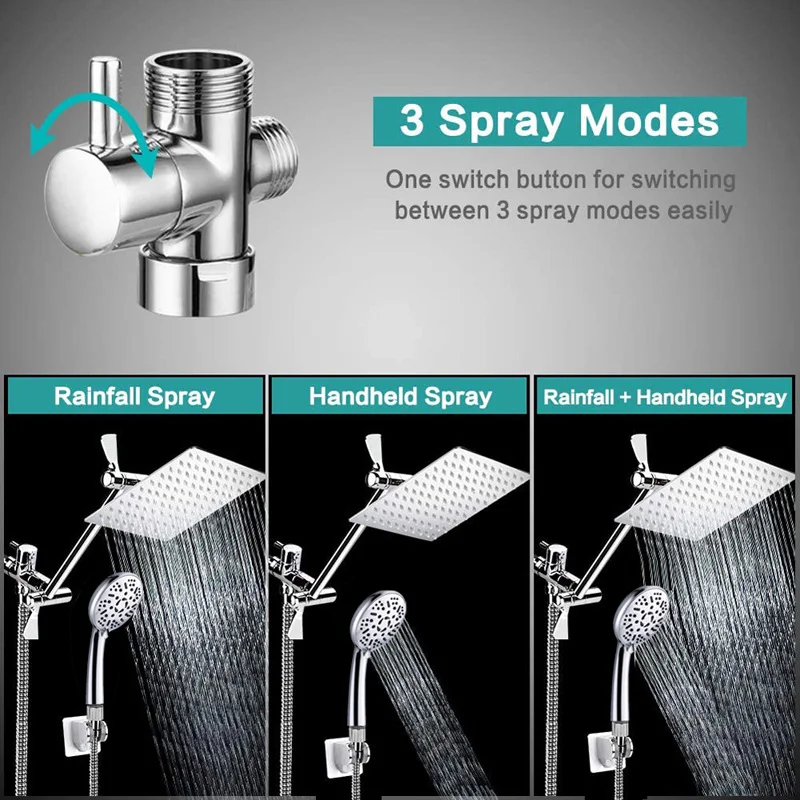 Ducha dupla manual com 9 funções, spray superior em aço inoxidável e barra extensora para um banho completo e revigorante.