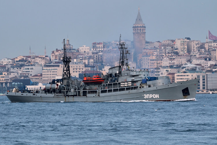 The Russian Navy's Black Sea Fleet 145th Rescue Ship Squad's Prut class rescue tug EPRON sails in the Bosphorus, on its way to the Black Sea, in Istanbul, Turkey February 17, 2022.