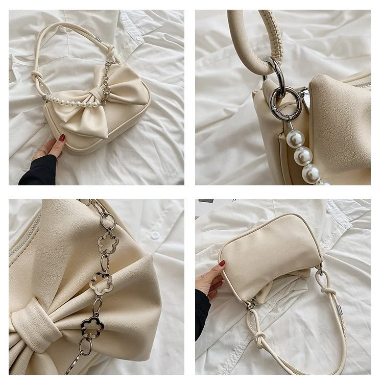 Niche crossbody tas met textuur, ketting en strik. Stijlvolle schoudertas voor dames. Praktisch en modieus, perfect voor dagelijks gebruik en speciale gelegenheden.