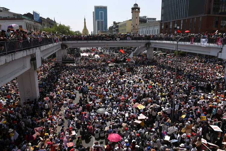 Demonstrators protest against the military coup in Yangon, Myanmar, February 17 2021. Picture: REUTERStringer