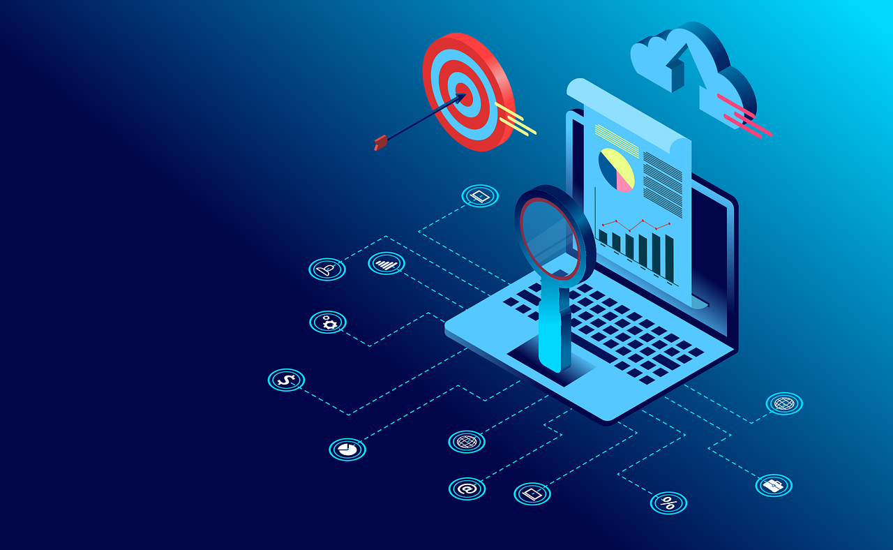 A magnifying glass looking over data, graphs and a cloud icon.