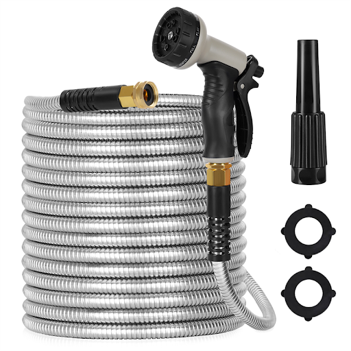 Title 4, 100ft Stainless Steel Metal Garden Hose, Flexib...