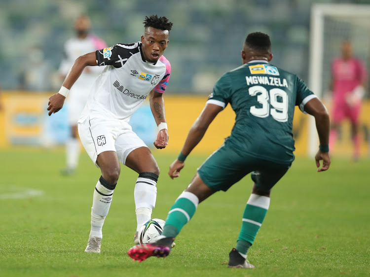 Khanyisa Mayo in action in his Premiership debut for Cape Town City against AmaZulu in the quarter-final of the MTN8 at Moses Mabhida Stadium in Durban on August 15 2021.