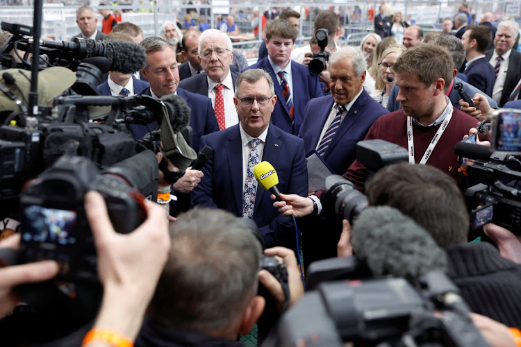 Democratic Unionist Party's leader Jeffrey Donaldson speaks to media in Newtownabbey, Northern Ireland, May 6 2022. Picture: JASON CAIRNDUFF/ REUTERS