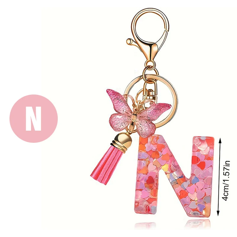 Mode sleutelhanger met letters, liefde, hart, pailletten, vlinder en kwast – Een stijlvolle accessoire voor sleutels of tassen, voegt glans en flair toe.