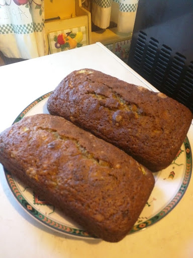 My husband loves when I make this zucchini bread. The recipe makes 2 loaves so I make extra to give to my adult kids and their kids. Tastes great warm out of the oven spread with butter on each slice.