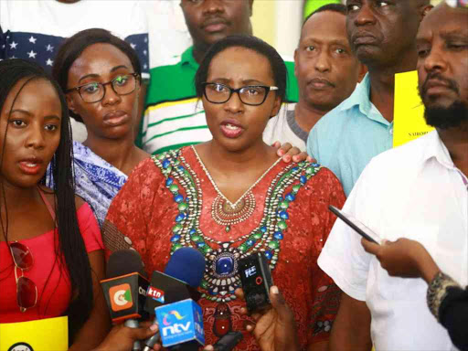 Nairobi Speaker Beatrice Elachi with city MCAs during a media briefing in Mombasa on May 19, 2018. /JOHN CHESOLI