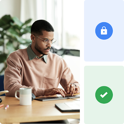 Collage of images shows icons of safe and secure content, a man working in an office.