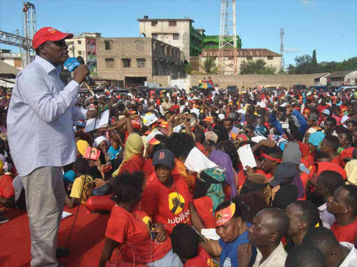 Tana River Governor Hussein Dado addresses a Jubilee rally at Municipal stadium in Malindi, March 27, 2017. /ALPHONCE GARI