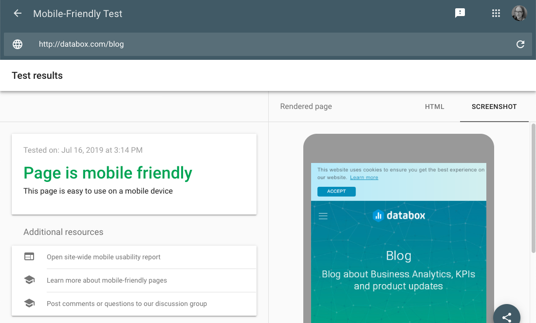 google's mobile friendly testing tool