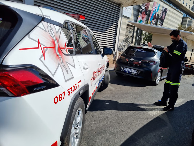 Medi Response paramedics arrive at the Rosebank Mall in Johannesburg after a man was shot dead on Thursday.