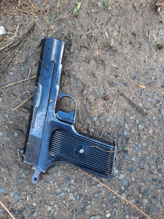 Police seized a pistol from the injured suspect and explosives from the vehicle.