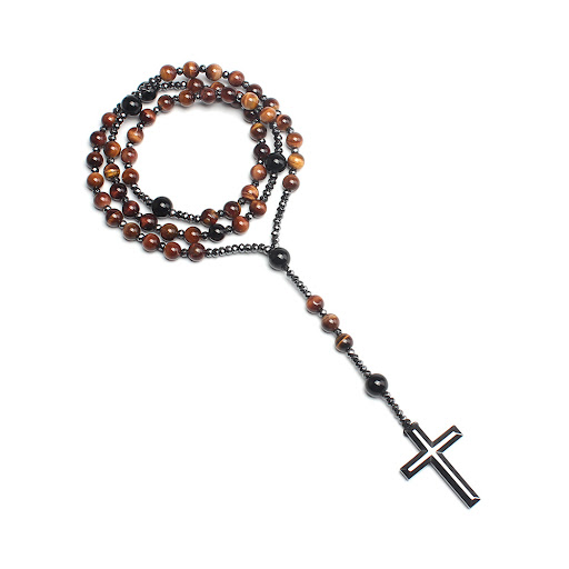Title 3, Mens long necklace featuring natural round bea...