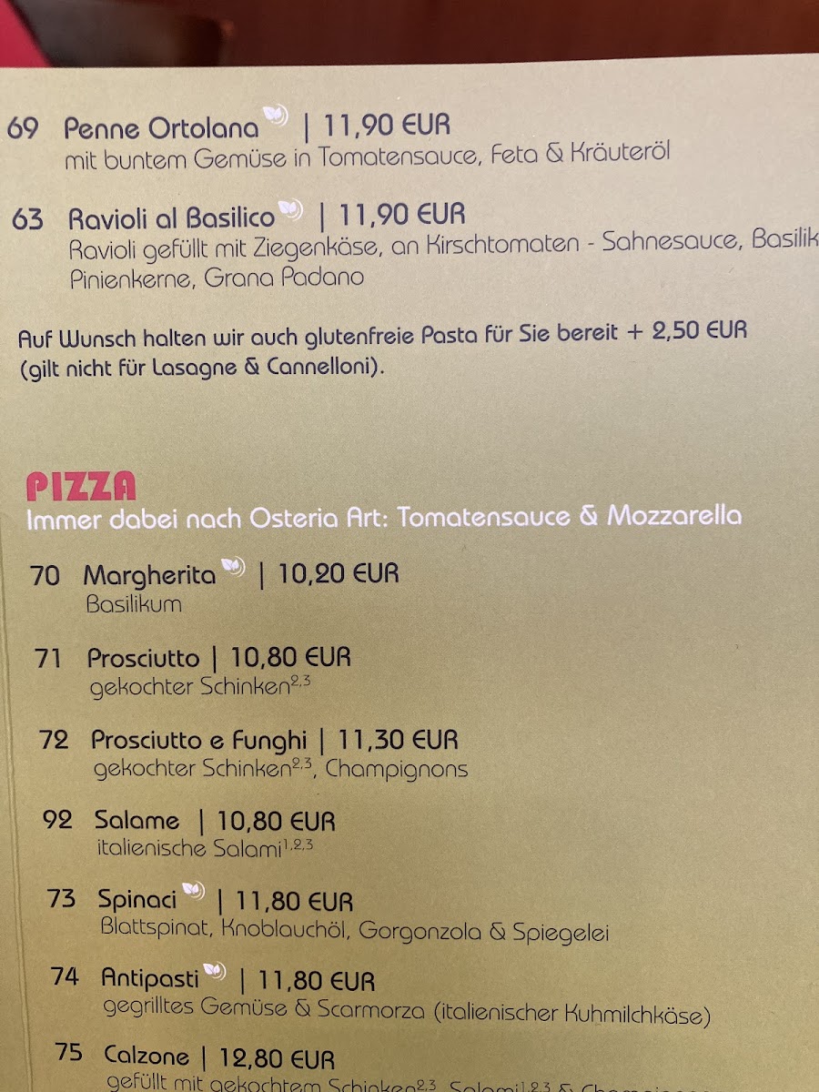 La Osteria gluten-free menu