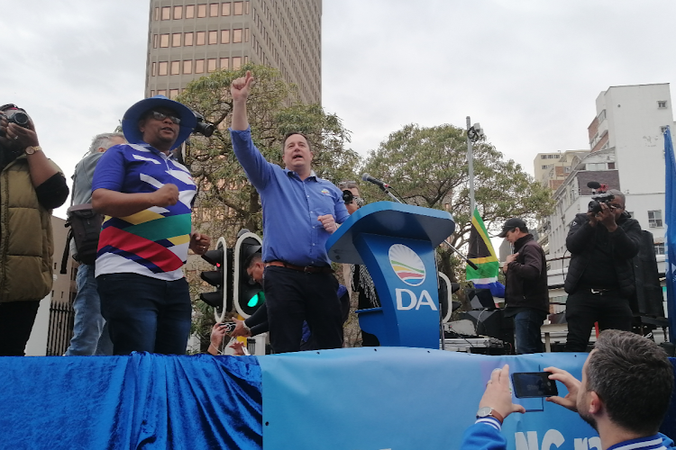 DA leader John Steenhuisen rallies supporters against the Employment Equity Amendment Bill outside parliament on July 26 2023.