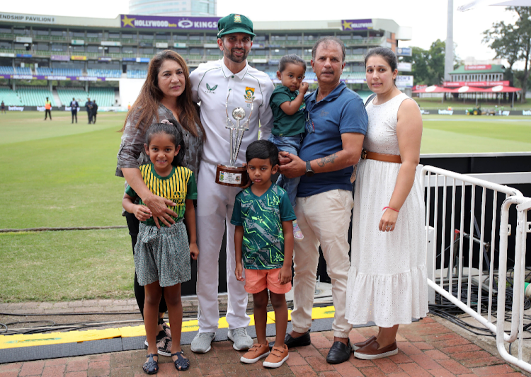 Proteas spinner Keshav Maharaj poses with members of his family after helping SA beat Bangladesh in the first Test at Kingsmead Stadium on Monday.