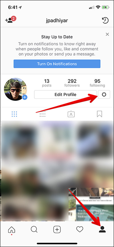   Tap Profile and then Gear on Instagram on iPhone 