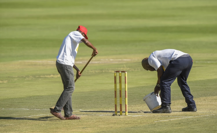 The ground staff sweeping the pitch during a drinks brake during day 1 of the 3rd Sunfoil Test match between South Africa and India at Bidvest Wanderers Stadium on January 24, 2018 in Johannesburg, South Africa.