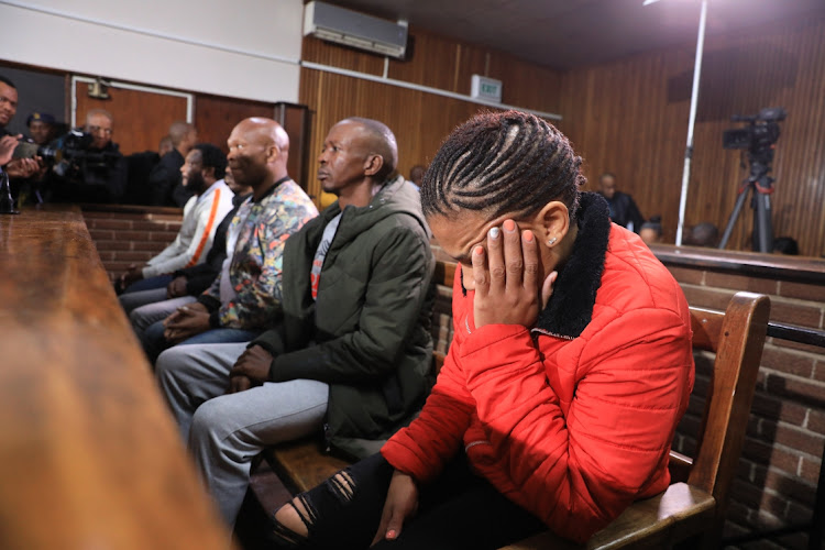 From left, Senohe Matsoara, Teboho Lipholo, Buti Masemola, Tieho Frans Makgotsa and Nastassja Jansen in the Bloemfontein magistrate's court, where they are applying for bail after being arrested for allegedly helping Facebook rapist Thabo Bester escape prison in Mangaung.