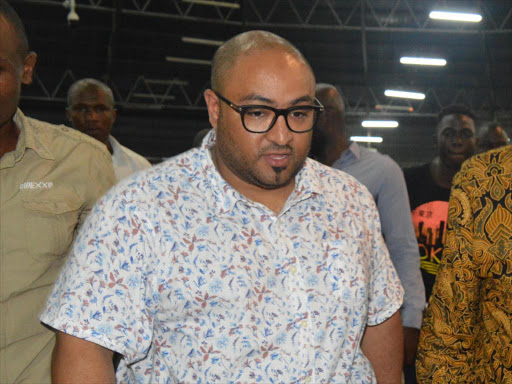 Mombasa senatorial aspirant Yasser Bajaber and Ford Kenya Party leader Moses Wetangula when they attended an evening fellowship at Elim Church in Makupa,Mombasa on Saturday.Photo /John Chesoli