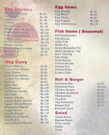 Sky Malabar Restaurant menu 