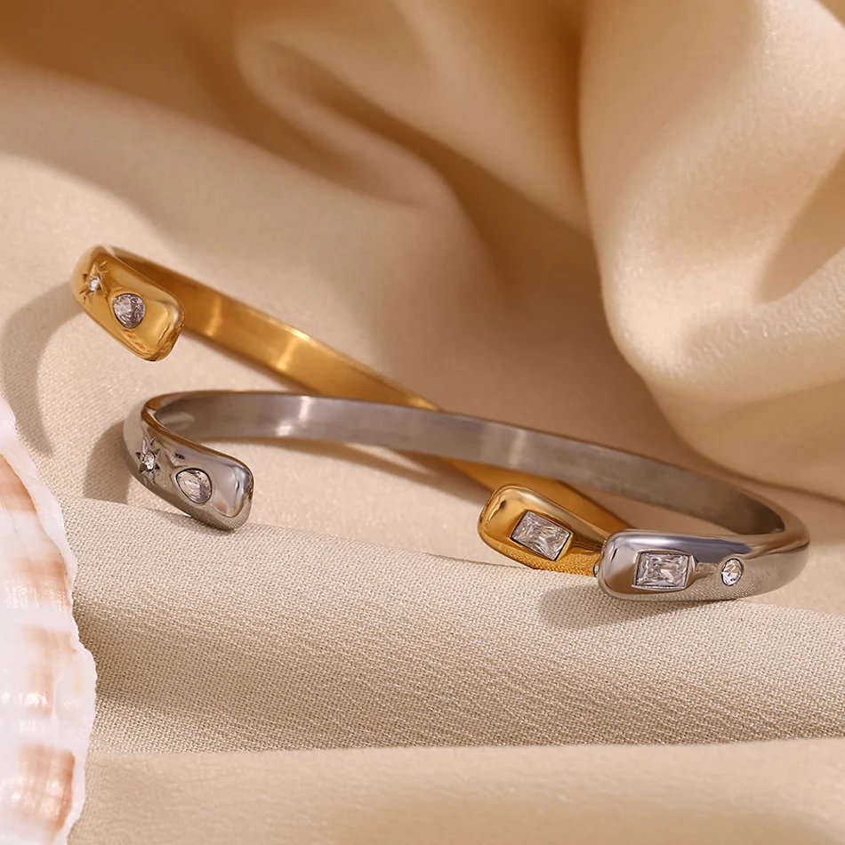 18K RVS verguld waterdruppel rechthoek ster ronde diamant zirkonia armband. Subtiele damesarmband met sprankeling.