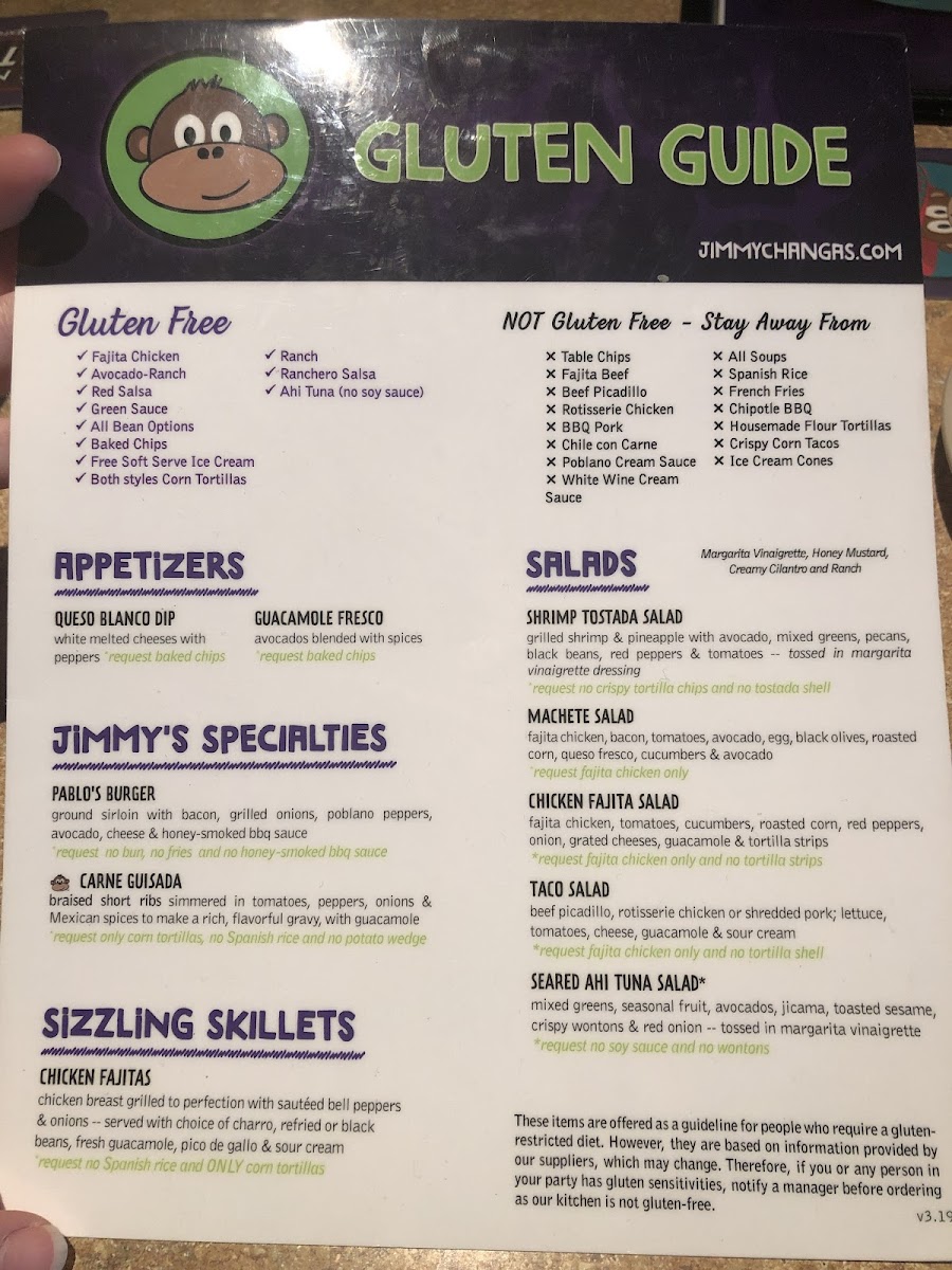 Best laid out gluten free menu I have ever seen since my allergy diagnosis.  Shows what is good and bad at the top, and then each item says what to make sure and avoid.