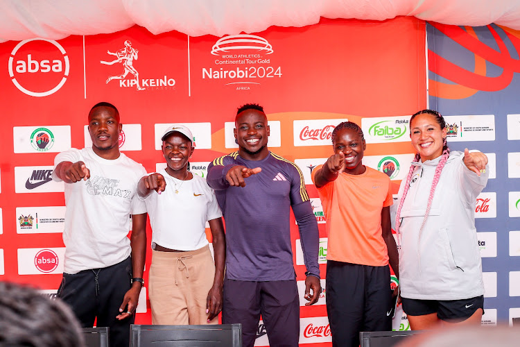 Letsile Tebogo (L), Mary Moraa, Ferdinand Omanyala, Christine Mboma and Jenee Kassanavoid (R) during the Kip Keino Classic media briefing on Thursday