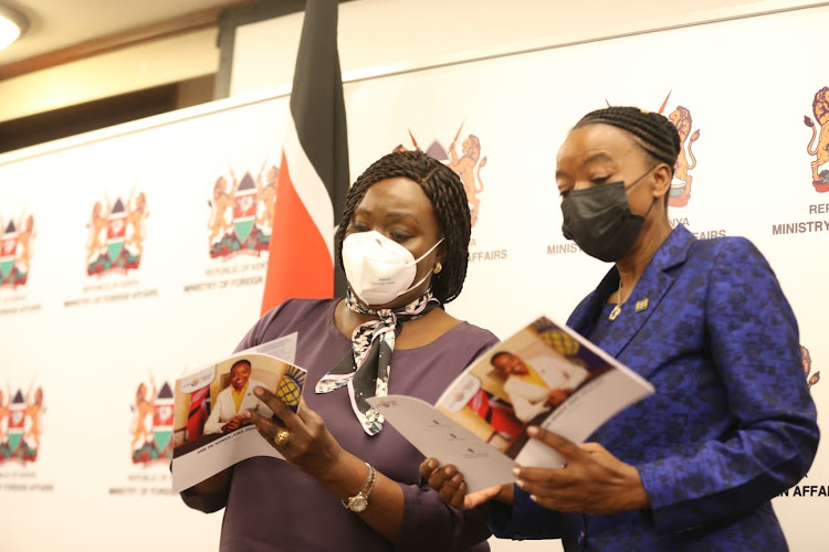 Foreign Affairs Cabinet Secretary Racheal Omamo and Defence CS Monica Juma on August 31, 2021