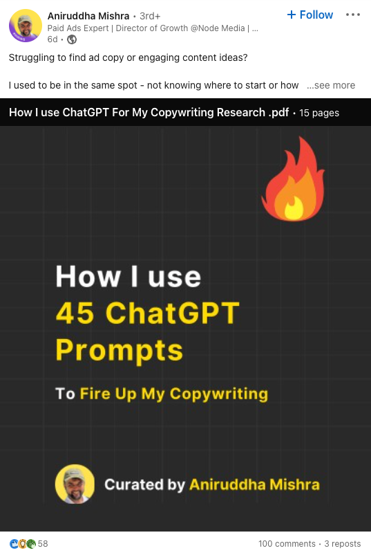 LinkedIn post about 45 ChatGPT prompts that went semi-viral. 