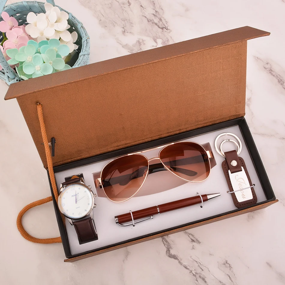 Coffret Cadeau Homme Élégant Montre Stylo Lunettes de Soleil Porte-clés Ensemble Créatif Emballage Exquis Idéal