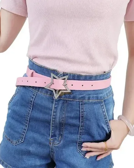 Y2K Star Buckle Belt Pink Leather Elastic Binding Embelli... - 3