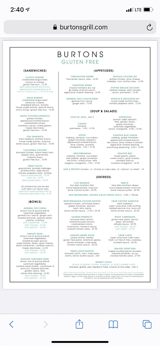 Burtons Grill & Bar gluten-free menu