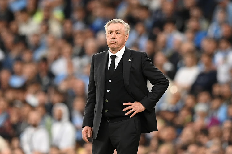 Real Madrid manager Carlo Ancelotti looks on during the UEFA Champions League semi-final second leg match against Manchester City at Etihad Stadium on May 17, 2023