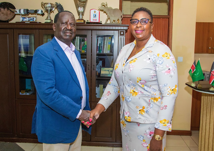 Azimio chief Raila Odinga with Gender CS Aisha Jumwa when he met the Multi-sectoral Working Group on the Two-Thirds Gender rule at his Capitol Hill office on February 27, 2024