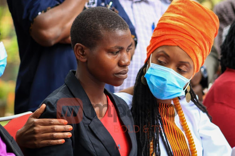 Janet Moraa daughter of the late Jemimah Nyang'ate among the victims lynched on allegations of witchcraft with Kerubo Abuya at Mayfair Hotel Nairobi on Thursday October 21, 2021.