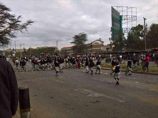 St Anne's Primary School pupils during their protest on Jogoo Road, Nairobi, following an accident involving a man who helped them cross the road, June 14, 2017.