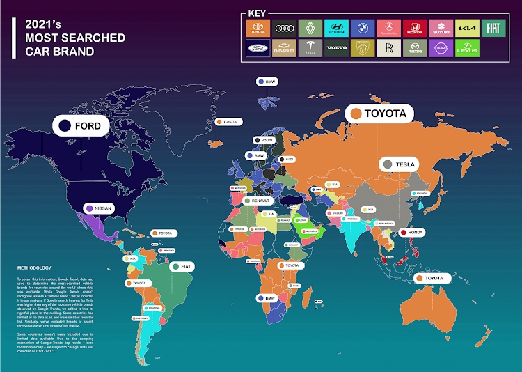A map showing 2021’s most-searched car brands by region. Graphic: SUPPLIED