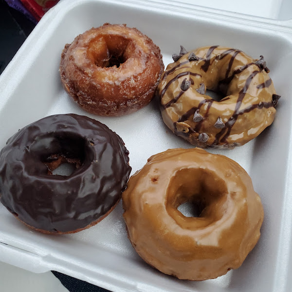 Clockwise: glazed, mocha chip (more like maple with chocolate), maple, chocolate.