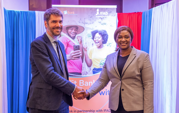 Credit Bank CEO Betty Korir with Alexandre Baron, Head of Governance and Macro Economics for the EU delegation in Kenya, during the launch of the Affordable Remittances and Enhanced Financial Inclusion Program in Nairobi, on Tuesday/HANDOUT