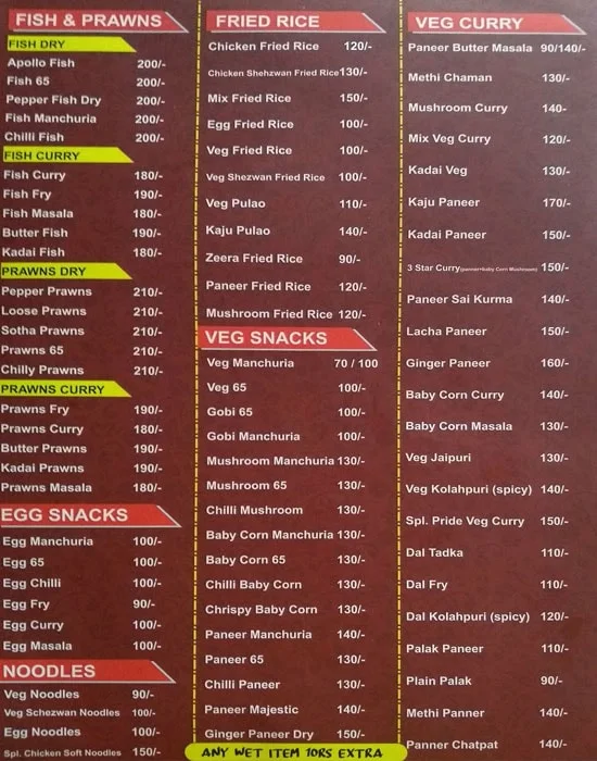 Suncity Paradise menu 