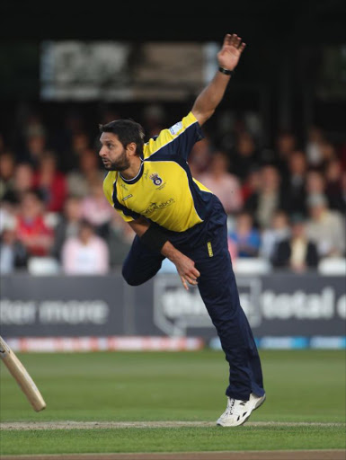 Shahid Afridi of Hampshire bowls during the Friends Life t20 match between Essex and Hampshire at the County Ground on June 23, 2011 in Chelmsford, England