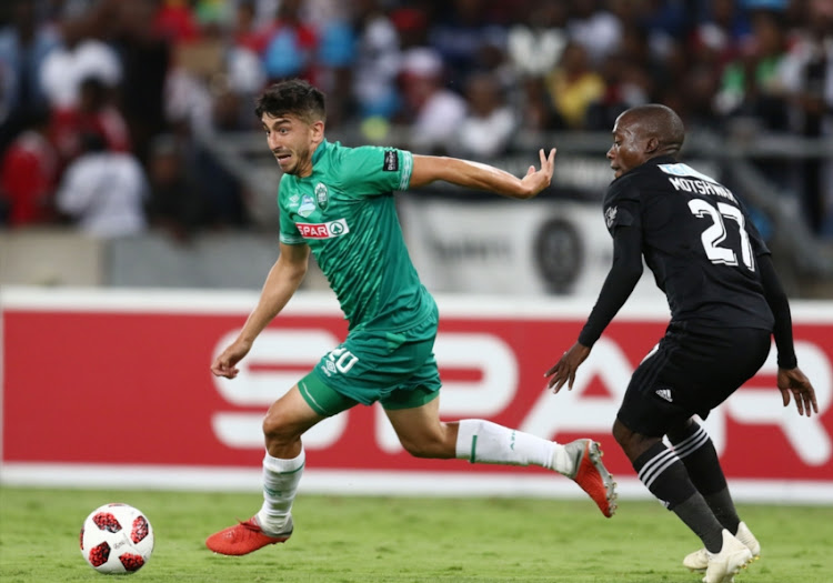 Emiliano Tade of Amazulu FC and Ben Motshwari of Orlando Pirates during the Telkom Knockout quarter final match AmaZulu FC and Orlando Pirates at Moses Mabhida Stadium on November 03, 2018 in Durban, South Africa.